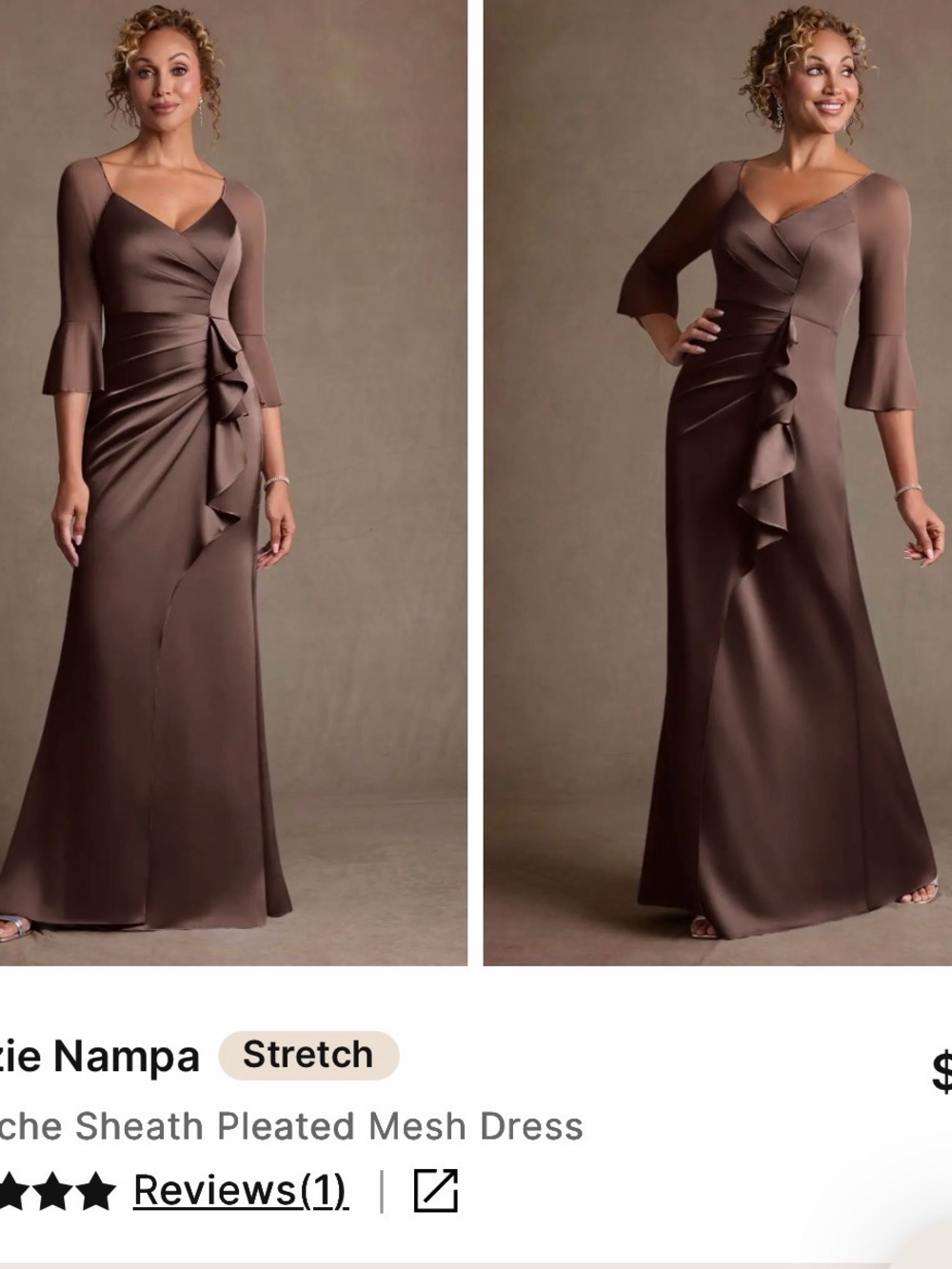 Azazie Brown Long-Sleeve Pleated Ruffle Sheath Gown
